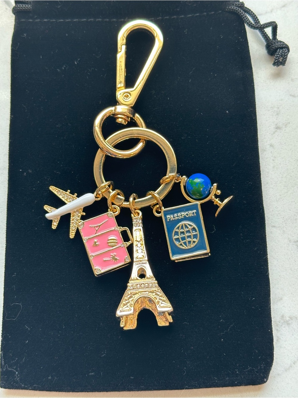 Gold Plated Travel Bag Charm with Eiffel Tower & Passport in Good Condition